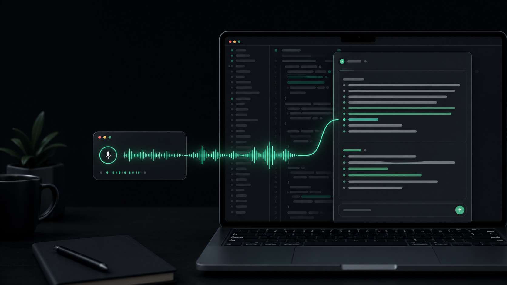 An emerald waveform flowing from a Mac dictation overlay into a structured prompt inside a dark editor window.