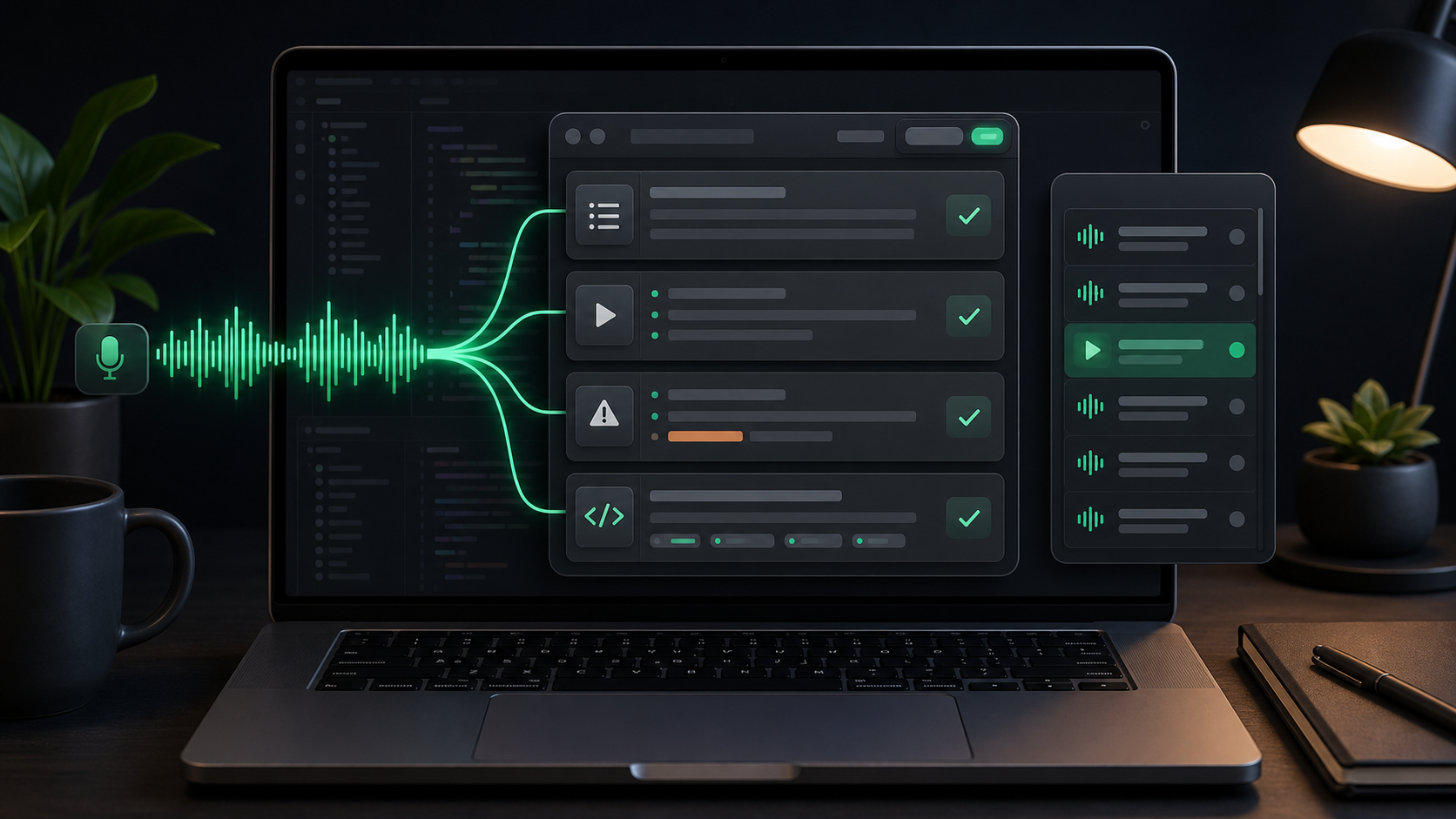 An emerald waveform flowing into structured bug report fields on a dark Mac workspace.