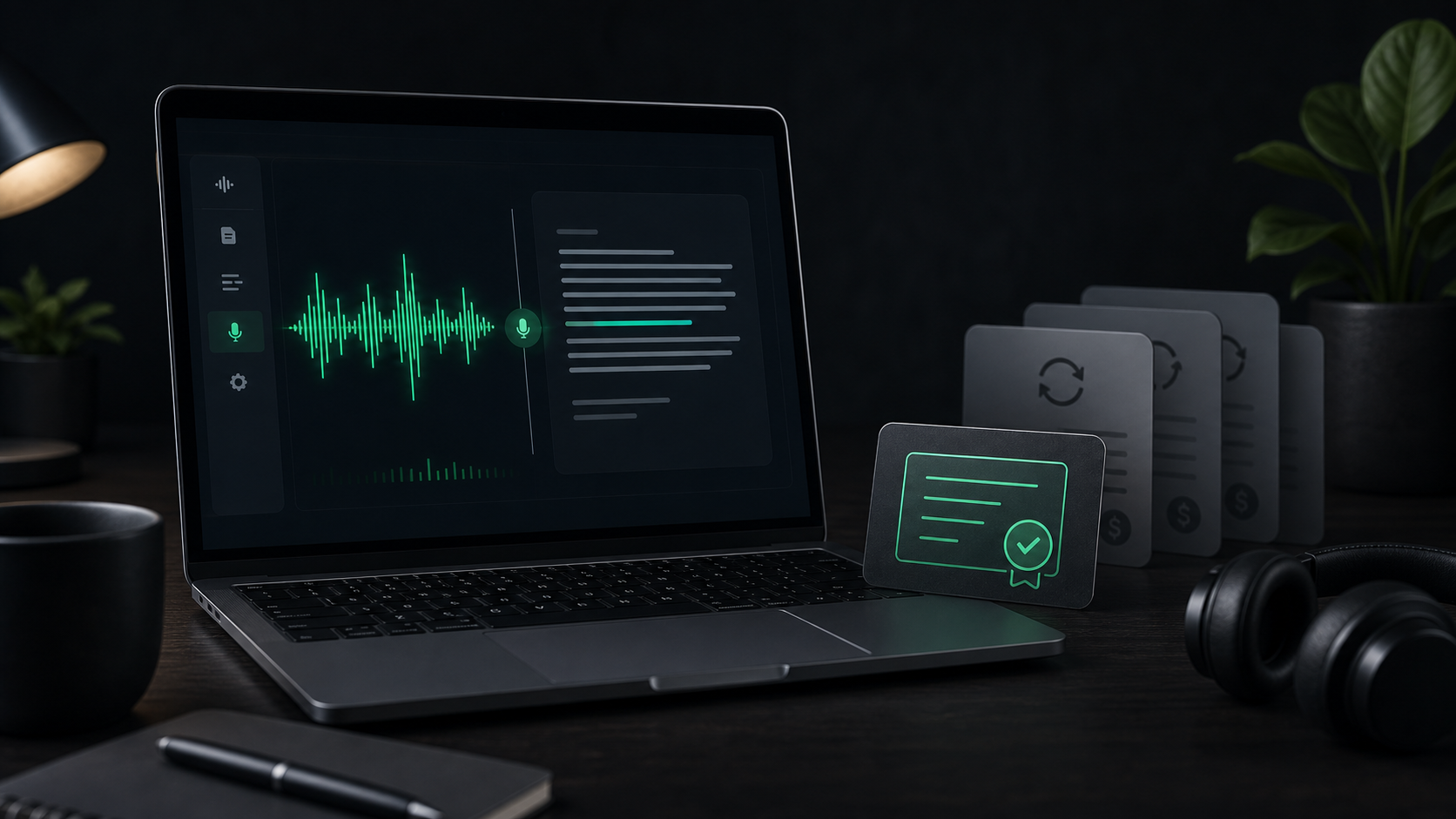 A dark Mac workspace with an emerald waveform turning into text beside a one-time license card and faded recurring bill cards.
