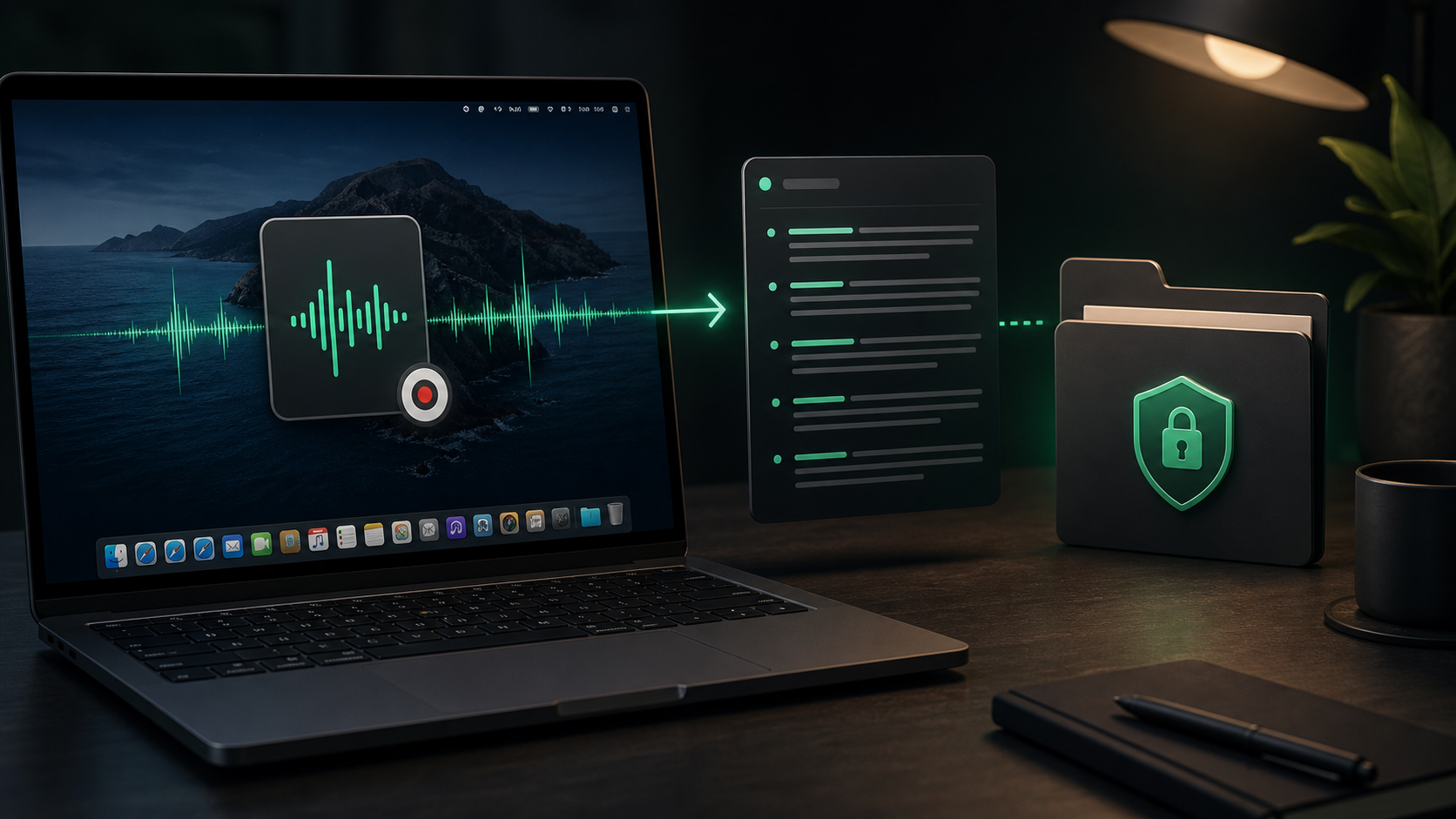 A dark Mac workspace with an emerald meeting waveform turning into local notes beside a private folder.
