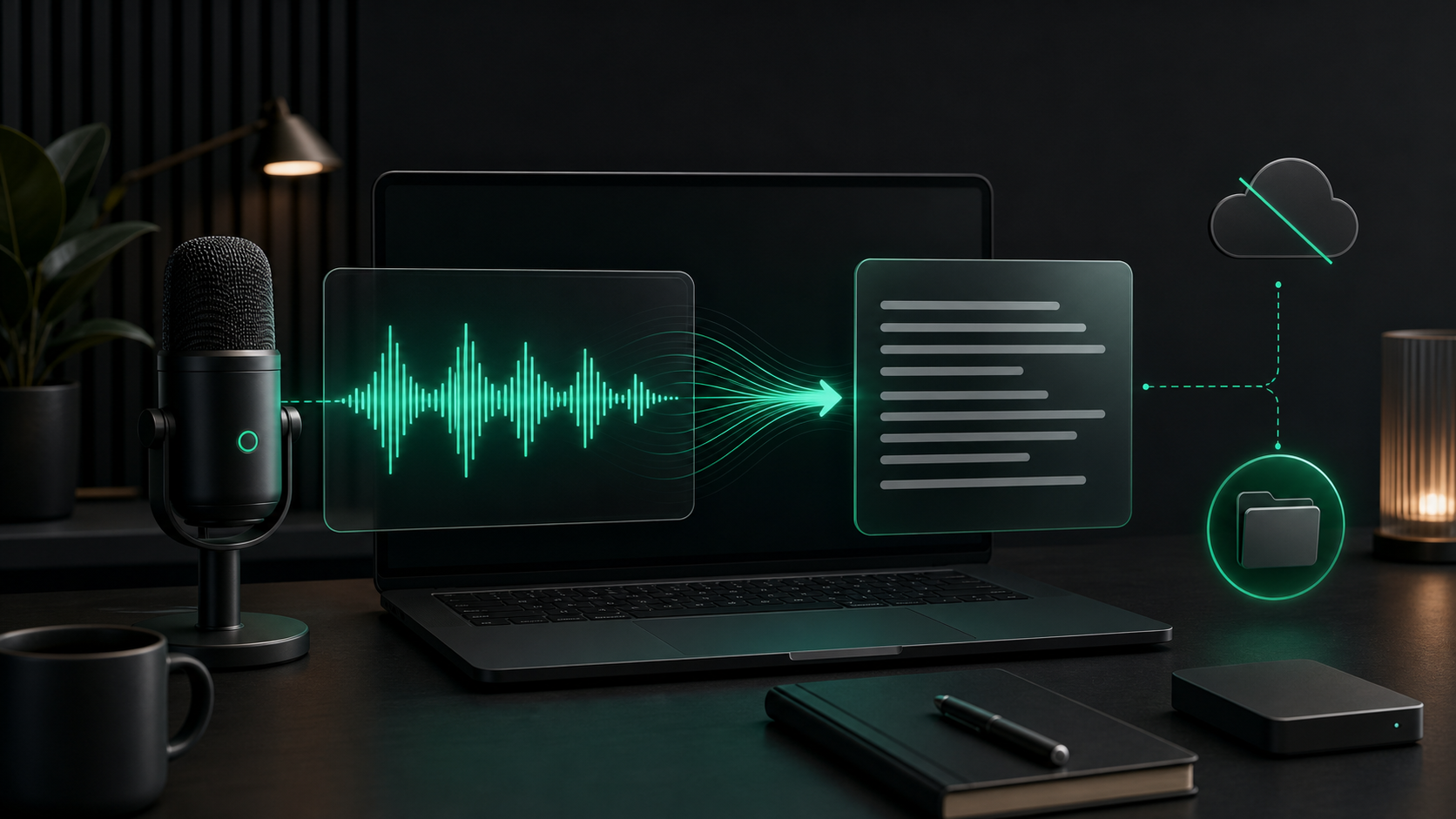 A dark Mac workspace with an emerald waveform turning into a local transcript beside offline storage cues.