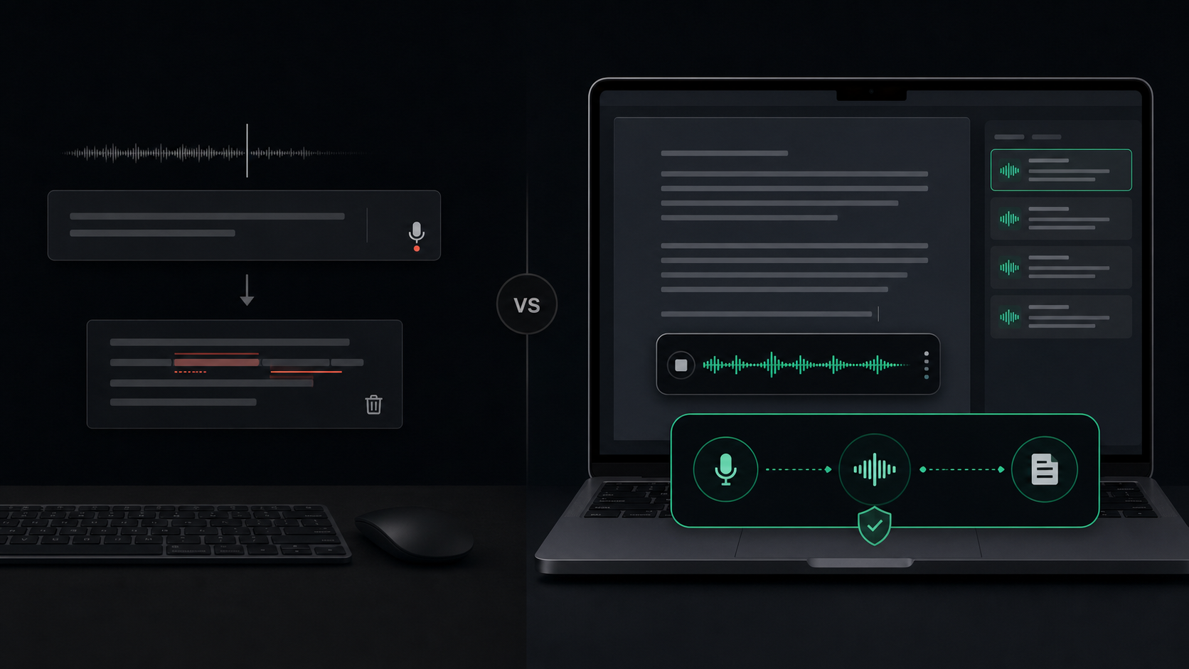 A neutral split-screen Mac dictation comparison with a simple microphone input on one side and an emerald local waveform-to-text workflow on the other.