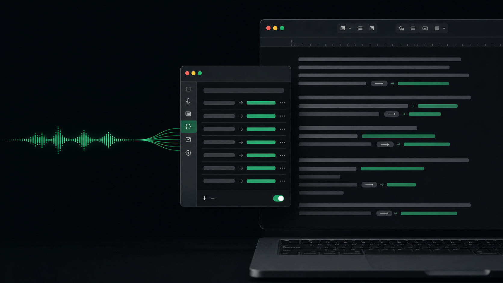 An emerald waveform flowing into a Mac snippets panel and corrected document lines on a dark workspace.