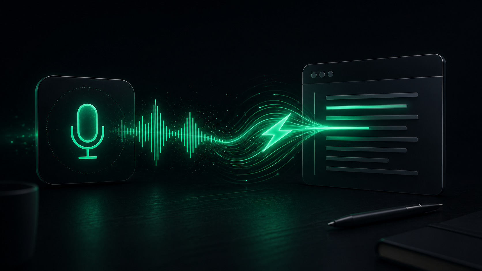 An emerald waveform path connecting a microphone shape to document lines.