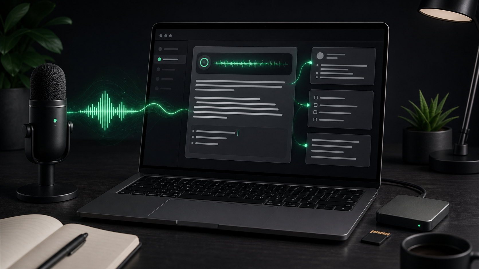 An emerald audio waveform flowing into structured note blocks on a dark Mac workspace.