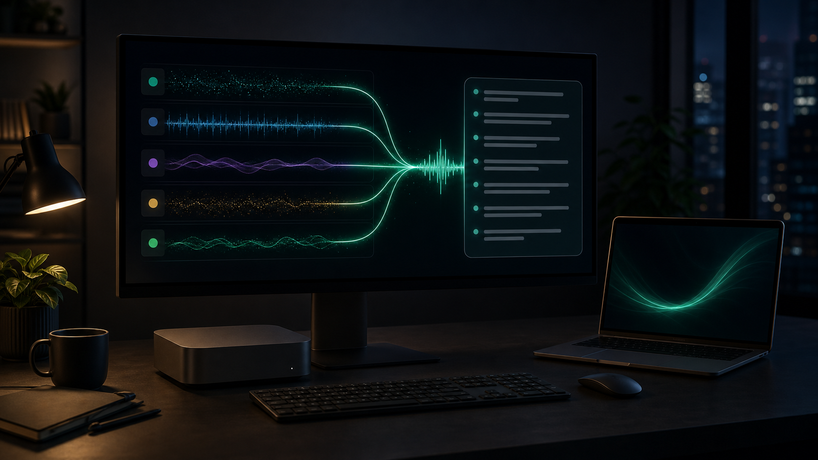 Emerald voice waveforms moving through several local model lanes into a clean transcript panel on a dark Mac workspace.